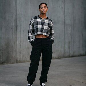 Supreme‎ Black White Plaid Cropped Cotton Long Sleeve Streetwear Henley Shirt M